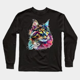 Maine Coon Cat Painting Colorfull Pop Art Design For Cat Onwer Long Sleeve T-Shirt
